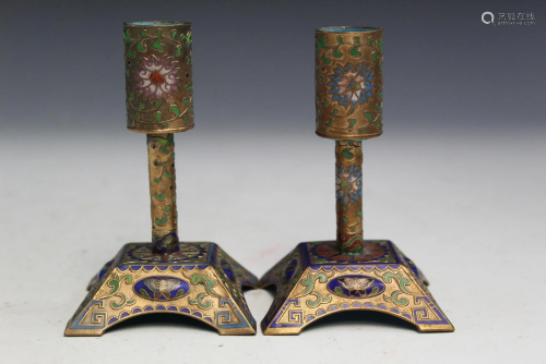 Two Chinese Cloisonne Candle Holders