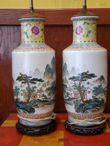 Pair of Chinese famille rose porcelain vase lamps.