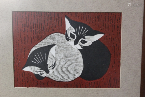 Two Cats, KAORU KAWANO (1916-1965). Japanese print.