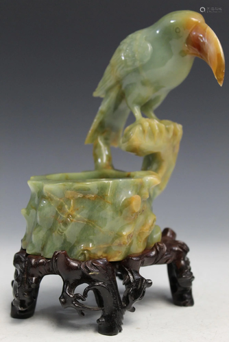 Chinese Carved Jadeite Brush Washer on Wood Stand