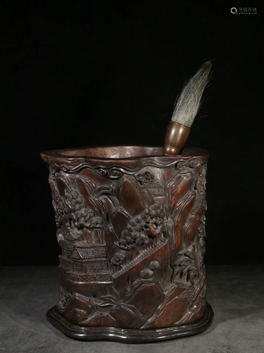 Agarwood 'Figure & Landscape' Brush Pot (Zitan Wood