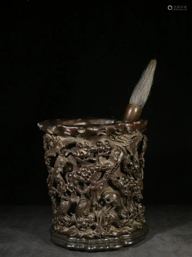 Agarwood 'Crane' Brush Pot (Zitan Wood Base)