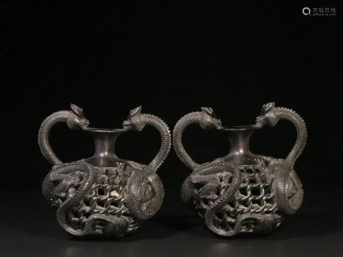 A Pair of Zitan Wood 'Dragon' Vase
