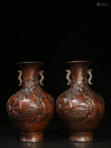 A Pair of Agarwood 'Figure Landscape' Ears Vase