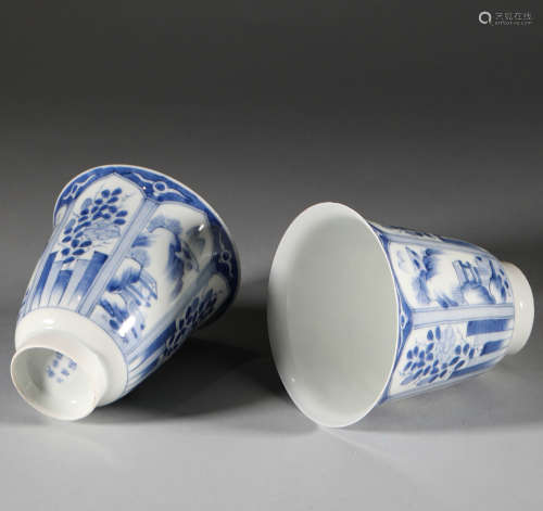 Qing Dynasty, a pair of blue and white wine glasses