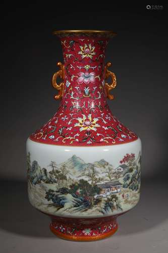 A QING DYNASTY FAMILLE ROSE LANDSCAPE VASE