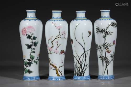 FOUR QING DYNASTY FAMILLE ROSE PLUM BLOSSOMS,ORCHID,BAMBOO A...