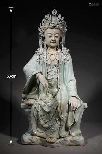 A YUAN DYNASTY MISTY BLUE KWAN-YIN STATUE