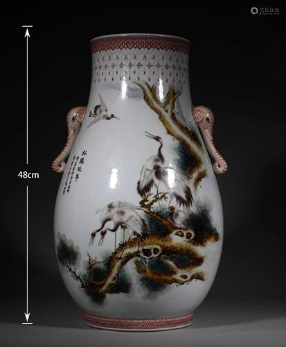 A MINGUO LONGEVITY CRANE ELEPHANT EARS VASE