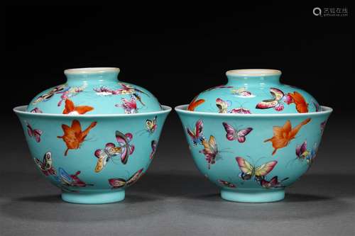 A PAIR OF QING DYNASTY TOPHUS GROUND HUNDRED BUTTERFLY FAMIL...