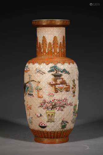 A QING DYNASTY CARVED PORCELAIN EIGHT TREASURE CHINESE-STAFF...