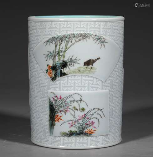 A QING DYNASTY FAMILLE ROSE FLOWER AND BIRD BRUSH POT