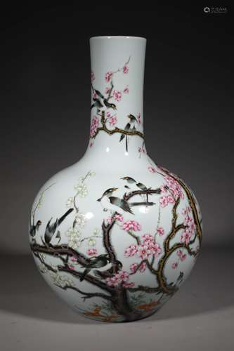 A QING DYNASTY FAMILLE ROSE MAGPIE ASCENDS PLUM GLOBULAR SHA...