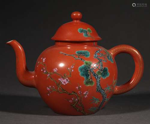 A QING DYNASTY RED GLAZE PINE BAMBOO AND PLUM  POT