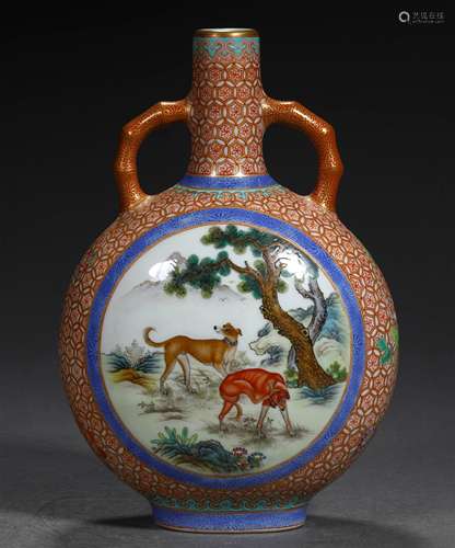 A QING DYNASTY FAMILLE ROSE DOUBLE DOGS MOON FLASKS