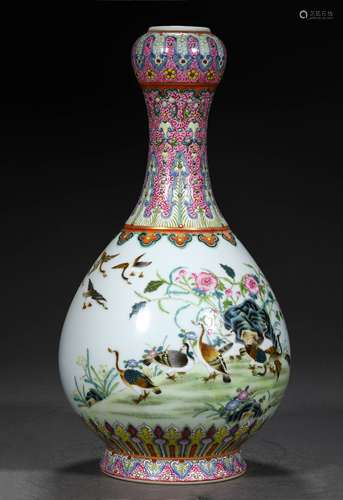 A QING DYNASTY FAMILLE ROSE SWALLOW GARLIC BOTTLE