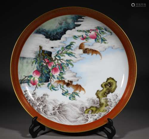 A QING DYNASTY FAMILLE ROSE FORTUNE AND LONGEVITY PLATE