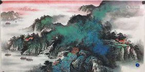 Chinese Paper Green Landscape Scrolled Painting