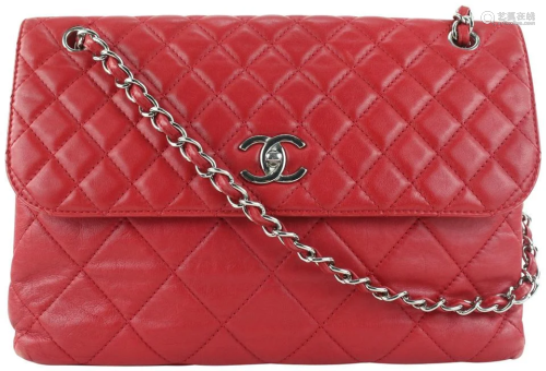 Chanel Red Quilted Lambskin Jumbo Flap Silver Chain Bag