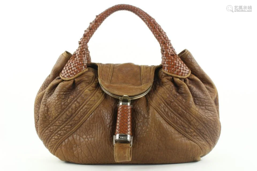 Fendi Large Brown Leather Spy Hobo Bag With Woven