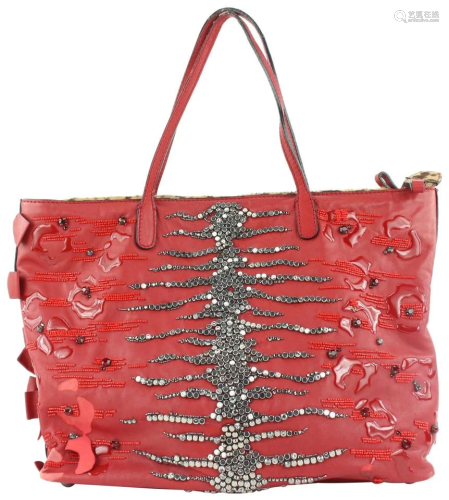 Valentino Red Leather Beaded Sequin Shopper Tote