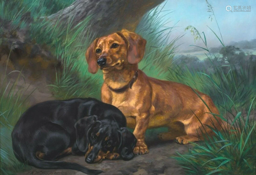 Two Dachshunds Dogs Oil Painting