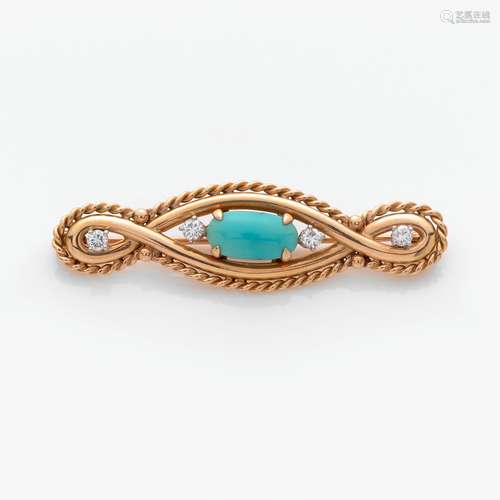 BROCHE BARRETTE Ornée d'une turquoise ovale et de diamants d...