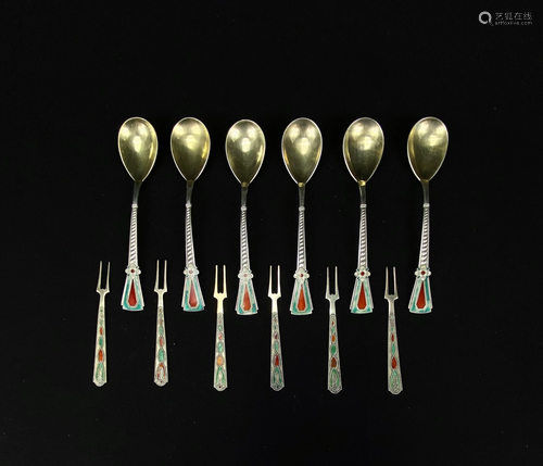 Russian spoons and sterling silver forks with enamel.