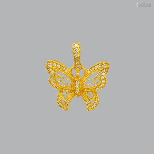 14K YELLOW GOLD LADIES FANCY BUTTERFLY CZ PENDANT