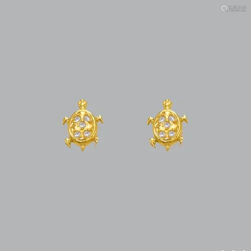 14K YELLOW GOLD CHILDREN'S FANCY TURTLE STUD CZ…