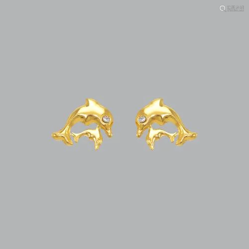 14K YELLOW GOLD CHILDREN'S FANCY DOLPHINS STUD…