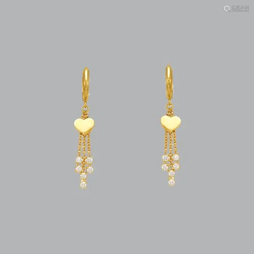 14K YELLOW GOLD LADIES DROP DANGLE HEART CZ SET EARRI…