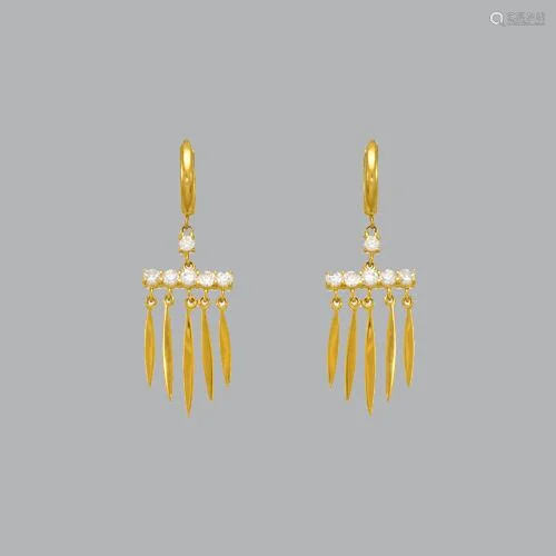 14K YELLOW GOLD LADIES DROP DANGLE CZ SET EARRINGS