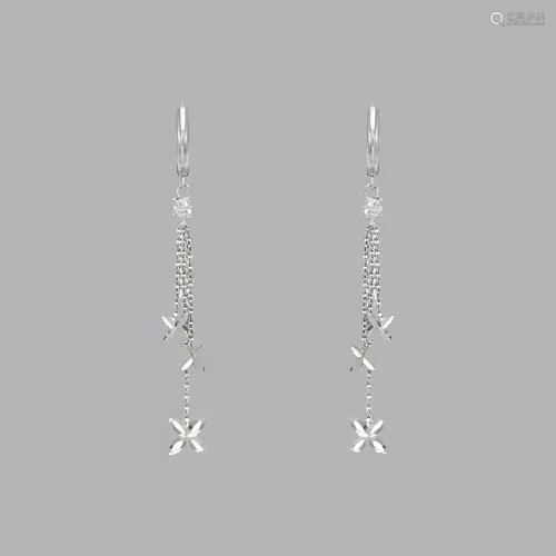 14K WHITE GOLD LADIES DROP DANGLE X CZ SET EARRINGS