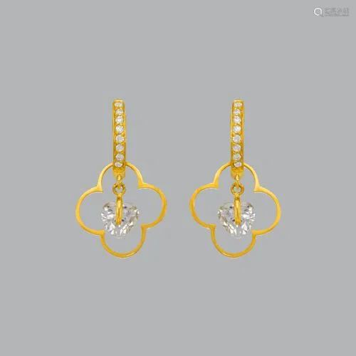 14K YELLOW GOLD LADIES DROP DANGLE HEART CLOVER CZ