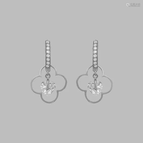 14K WHITE GOLD LADIES DROP DANGLE HEART CLOVER CZ SET