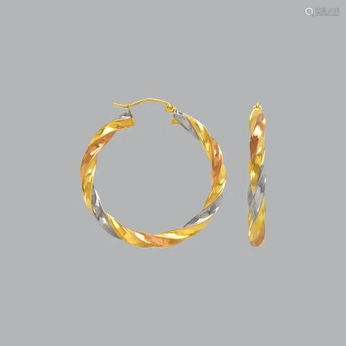 14K TRI COLOR GOLD SQUARE TWIST HOOP TUBE EARRINGS 4mm