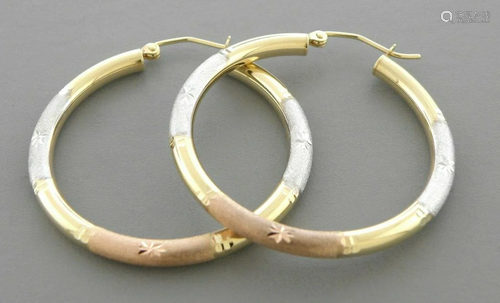 14K TRI COLOR GOLD ROUND HOOP TUBE EARRINGS 3mm