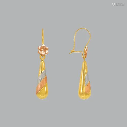 14K TRI COLOR DANGLE DROP FLOWER EARRINGS