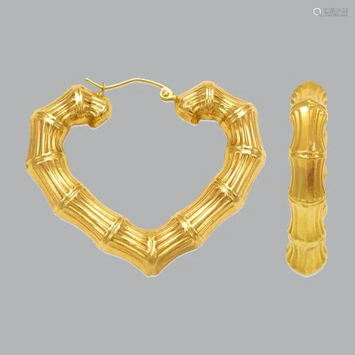 14K YELLOW GOLD BAMBOO HEART HOOP TUBE EARRINGS 4mm