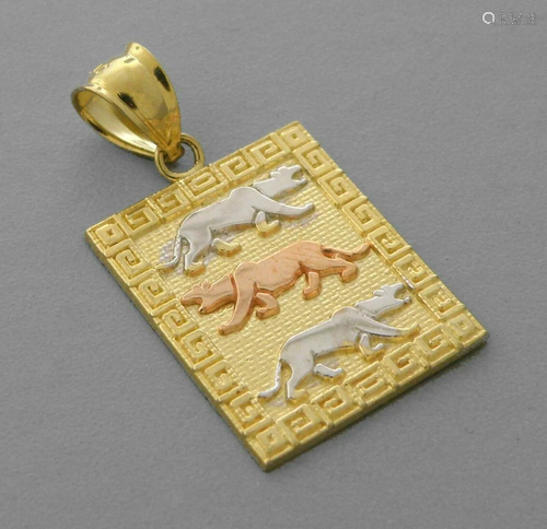 14K TRI COLOR GOLD FANCY RECTANGLE TIGER PENDANT