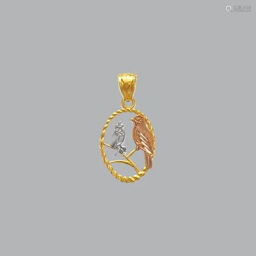 14K TRI COLOR GOLD FANCY DOVES ON A BRANCH PENDANT