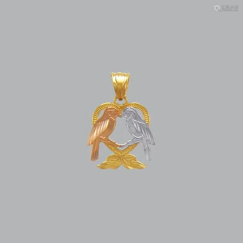 14K TRI COLOR GOLD FANCY KISSING DOVES HEART PENDANT