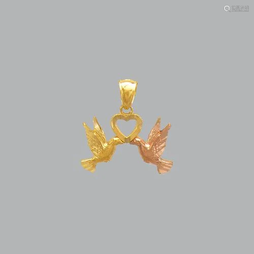 14K TWO TONE GOLD FANCY HEART WITH DOVES PENDANT