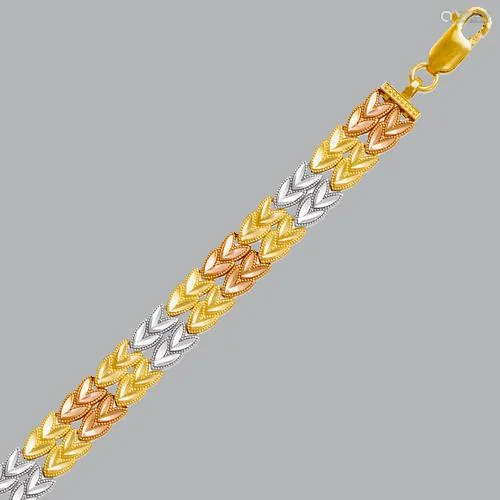 NEW 14K TRI COLOR GOLD LADIES DOUBLE HEART BRACELET