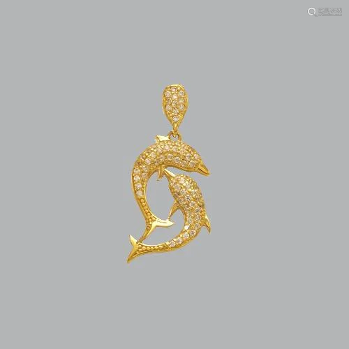 NEW 14K YELLOW GOLD LADIES FANCY TWO DOLPHINS CZ