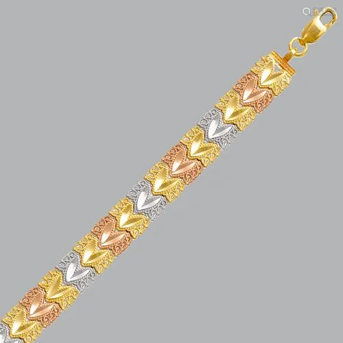 NEW 14K TRI COLOR GOLD LADIES FILIGREE HEART BRACELET