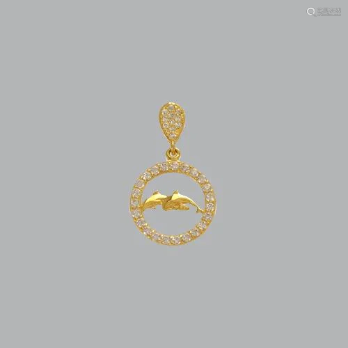 NEW 14K YELLOW GOLD LADIES FANCY DOLPHINS CIRCLE CZ