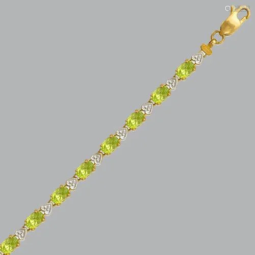 14K YELLOW GOLD OVAL CUT HEART GREEN CZ TENNIS BRACELET