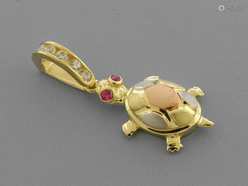 14K TRI COLOR GOLD FANCY SMALL TURTLE CZ PENDANT